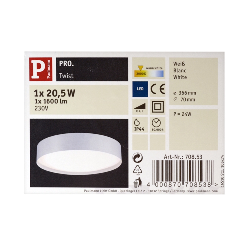Paulmann 70853 - LED/20,5W IP44 Dimmbare Badezimmer Deckenleuchte TWIST 230V