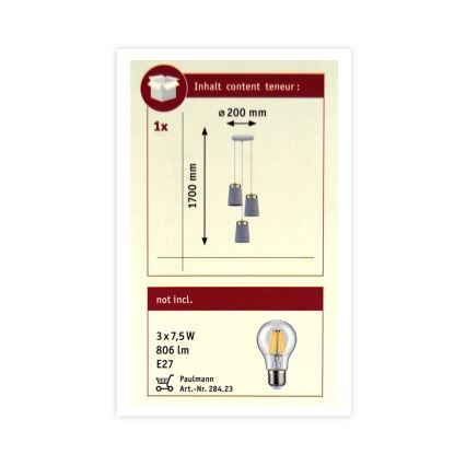 Paulmann 79627 - Kronleuchter an einer Litze NORELL 3xE27/20W/230V