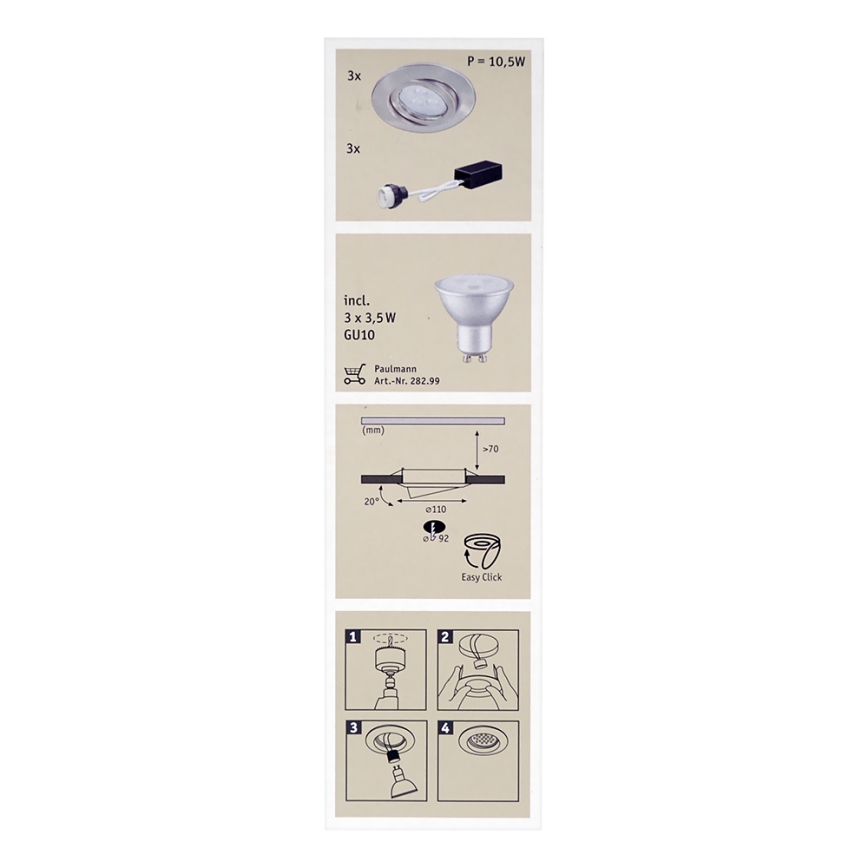 Paulmann 92026 - SET 3x LED Einbauleuchte QUALITY LINE 3xGU10-LED/3,5W
