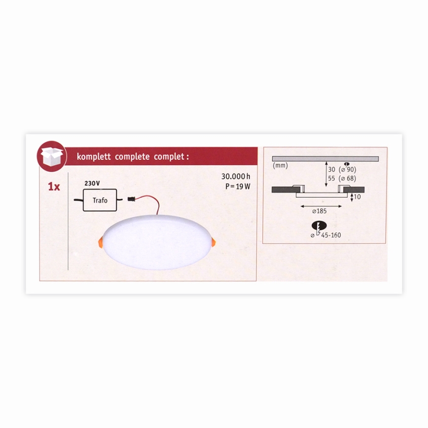 Paulmann 92389 - LED/17W IP44 Badezimmereinbauleuchte VARIFIT 230V