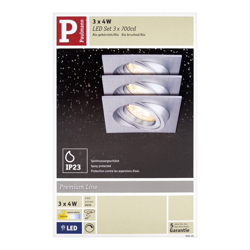 Paulmann 92619 - SET 3xLED-GU10/4W Dimmbare Badezimmer Einbauleuchte PREMIUM LINE 230V
