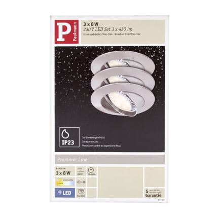 Paulmann 92709 - SET 3xLED-GU10/8W Dimmbare Badezimmer Einbaueluchte PREMIUM 230V