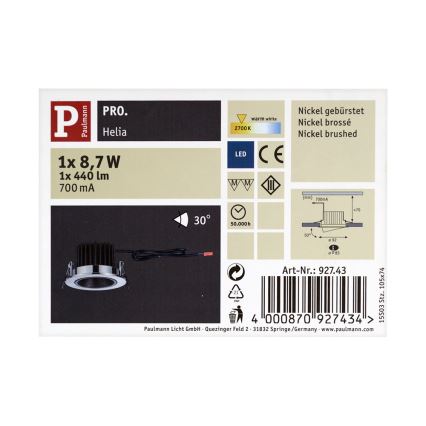 Paulmann 92743 - LED/8,7W Dimmbare Einbauleuchte HELIA 700 mA