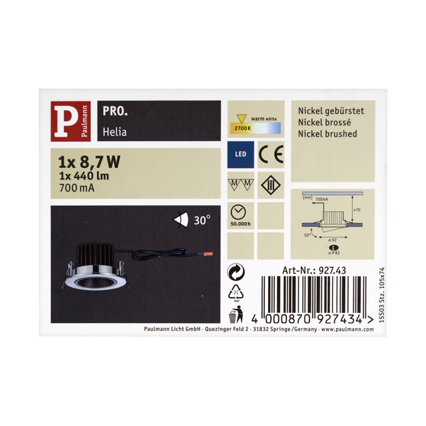 Paulmann 92743 - LED/8,7W Dimmbare Einbauleuchte HELIA 700 mA