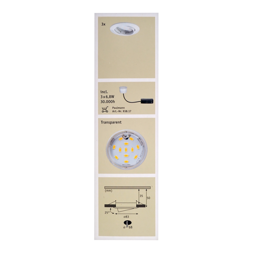 Paulmann 92765 - SET 3x LED Einbauleuchte COIN 3xLED/6,8W/230V weiß