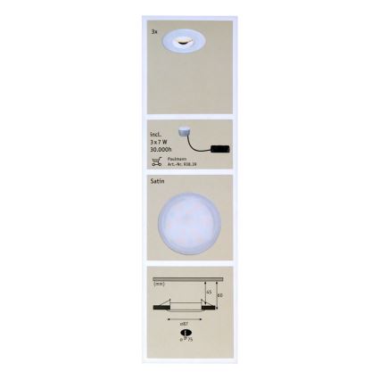 Paulmann 92847 - SET 3xLED/7W IP65 Dimmbare Badezimmer Einbauleuchte COIN 230V