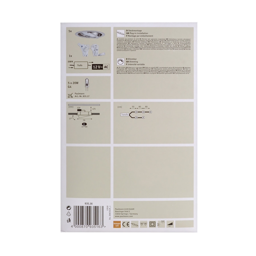 Paulmann 93516 - SET 5x Untersichtsleuchte MICRO LINE 5xG4/20W/230V/12V