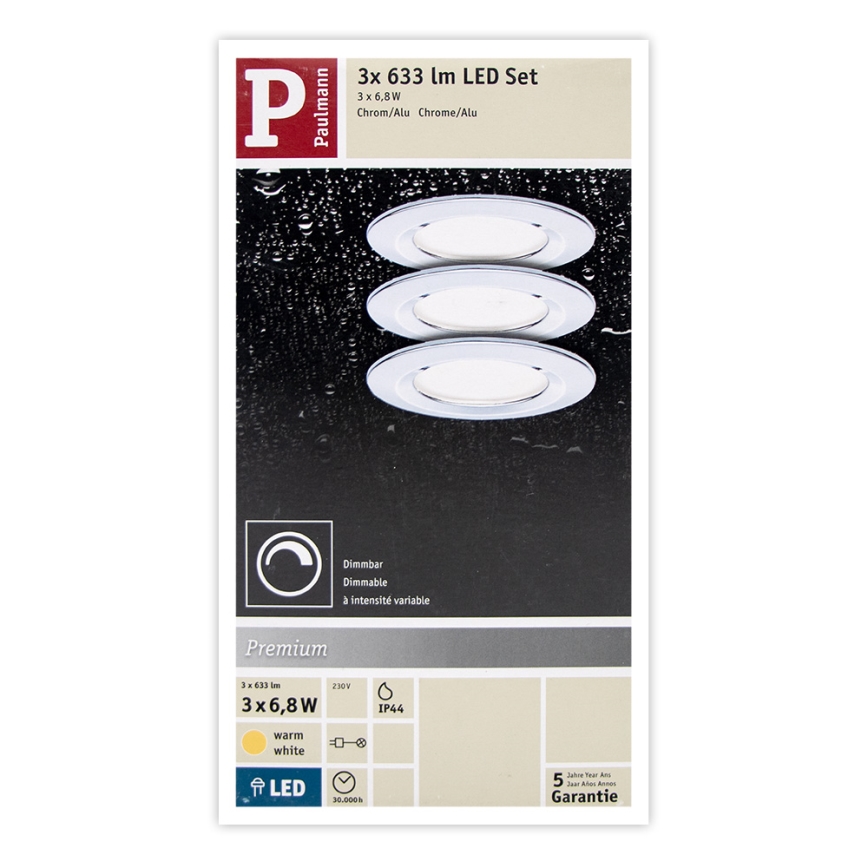 Paulmann 93874 - SET 3xLED/6,8W IP44 Dimmbares Badezimmer-Einbauleuchte COIN 230V
