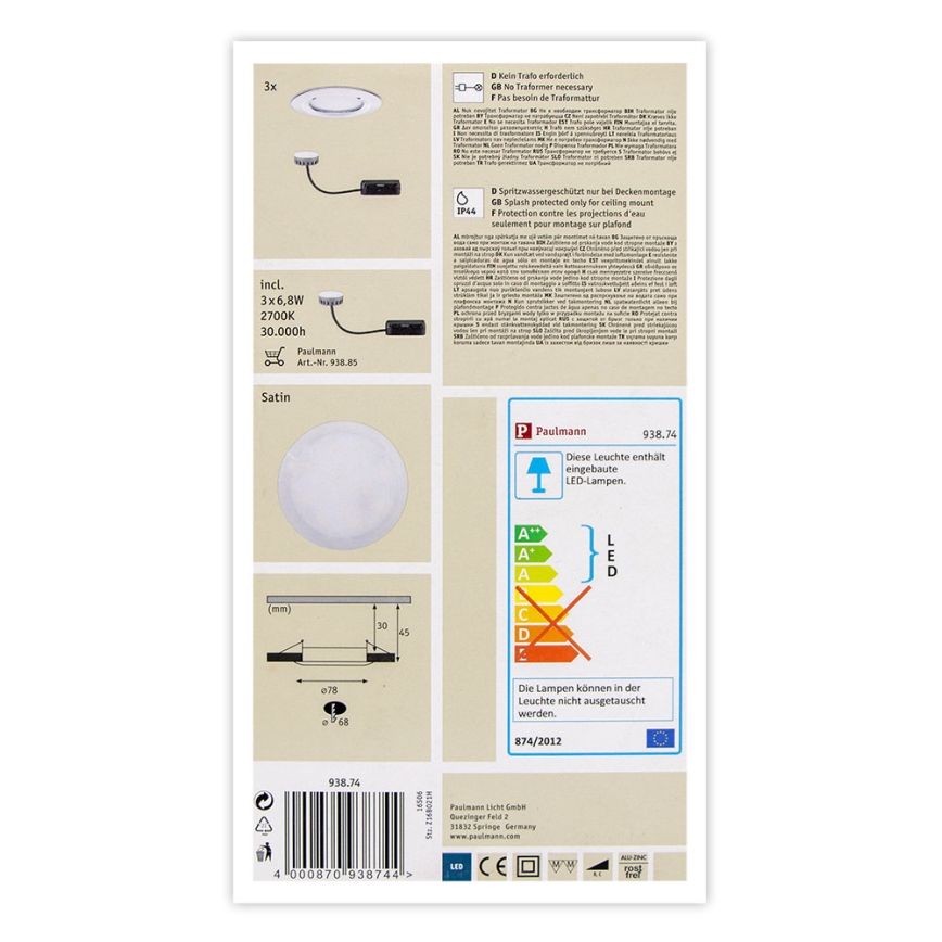 Paulmann 93874 - SET 3xLED/6,8W IP44 Dimmbares Badezimmer-Einbauleuchte COIN 230V