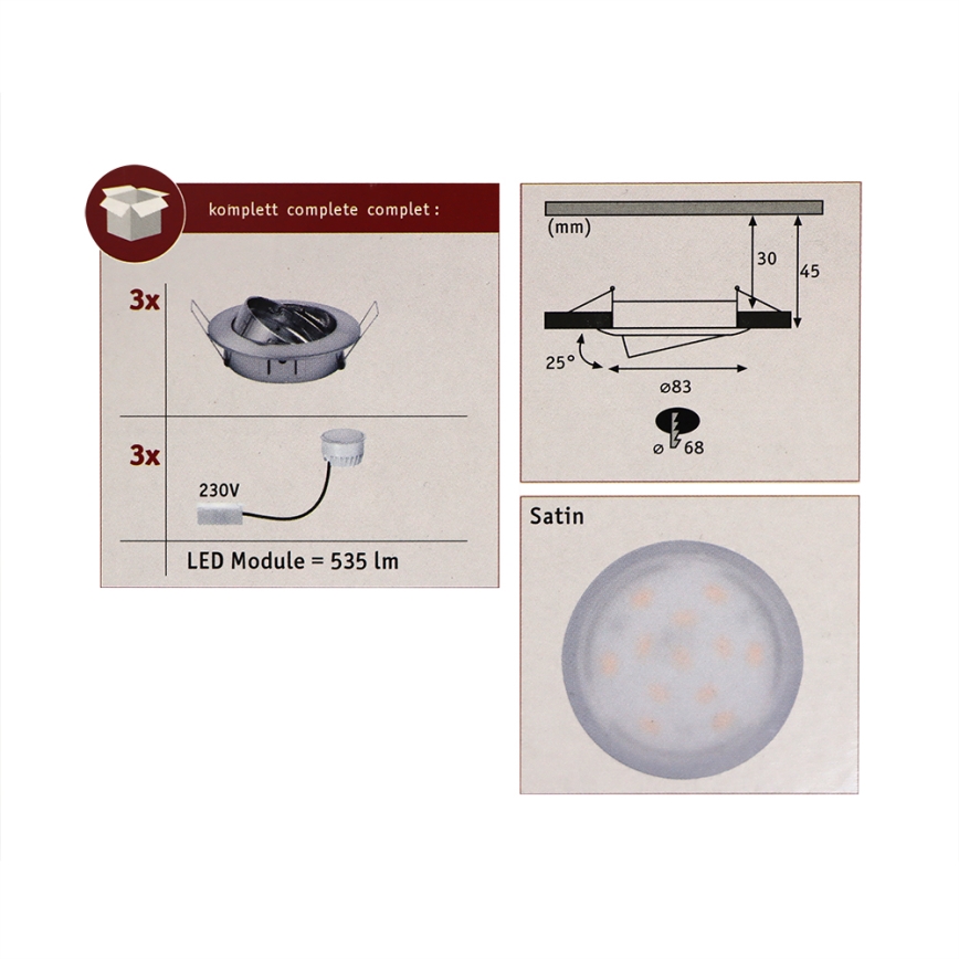 Paulmann 93980 - SET 3xLED/6,8W IP23 Badeinbauleuchte COIN 230V