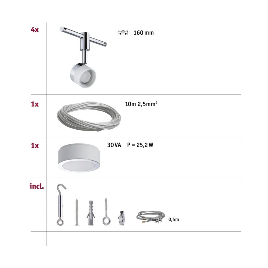 Paulmann 94080 - Set 4xLED/4,8W Komplettes Seilsystem STAGE 230V glänzender Chrom