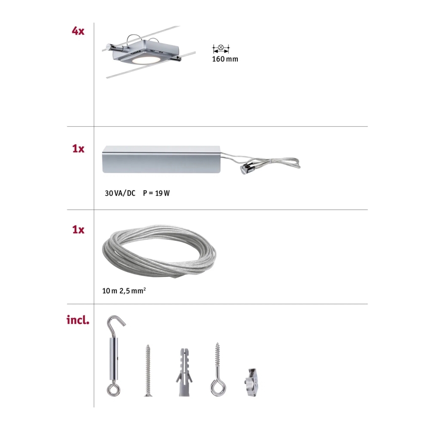 Paulmann 94107 - SET 4xLED/4,3W Spot für Seilsystem MAC 230V mattchrom