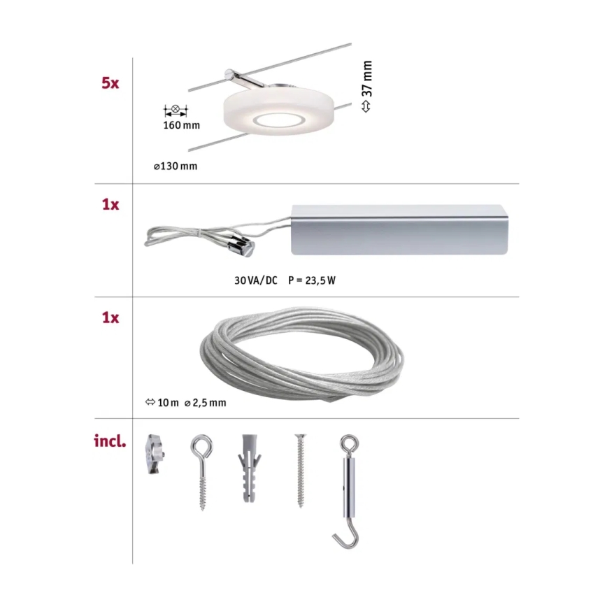 Paulmann 94109 - SET 5x LED/4,3W Einbauleuchte für Seilsystem MAC 230V