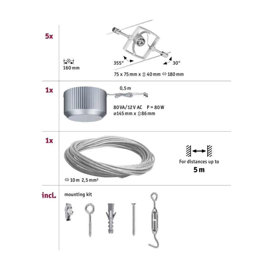 Paulmann 94133 - SET 5xGU5,3/10W Strahler für ein Seilsystem MAC 230V matt Chrom