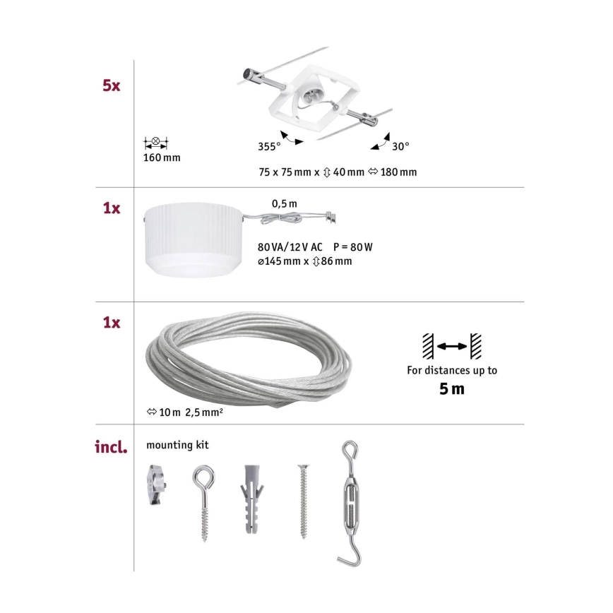 Paulmann 94134 - 5er-Set GU5,3/10W, komplettes Seilsystem MAC 230V, weiß
