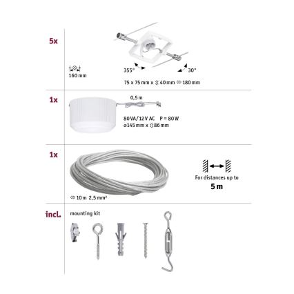 Paulmann 94134 - SET 5xGU5,3/10W Strahler für ein Seilsystem MAC 230V weiß