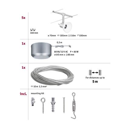 Paulmann 94136 - SET 5xGU5,3/10W komplettes Seilsystem SHEELA 230V glänzender Chrom