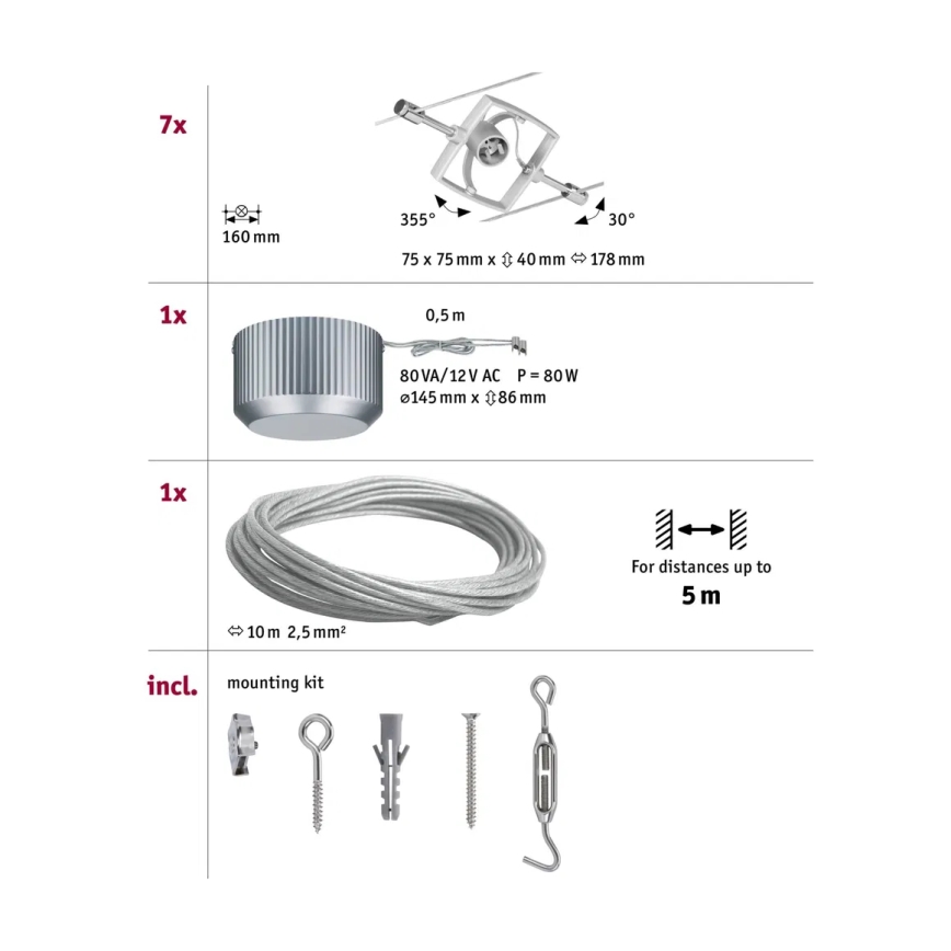 Paulmann 94152 - SET 7xGU5,3/10W Einbaustrahler für Seilsystem MAC 230V mattchrom