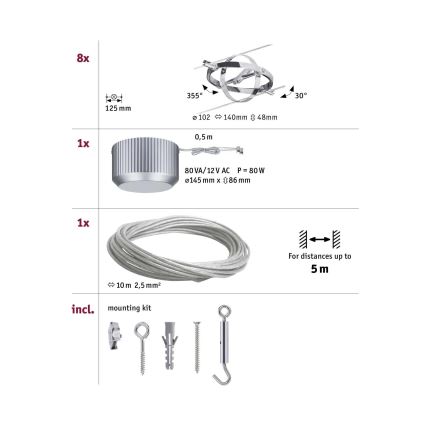 Paulmann 94153 - SET 8xGU5,3/10W Strahler für ein Seilsystem CARDAN 230V