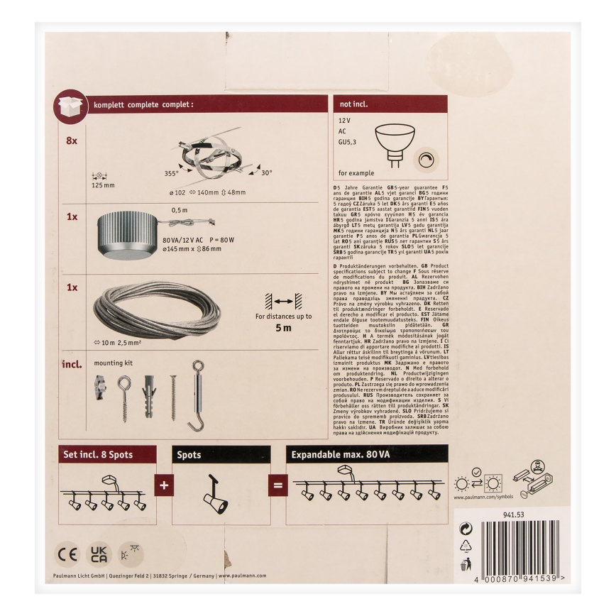 Paulmann 94153 - SET 8xGU5,3/10W Strahler für ein Seilsystem CARDAN 230V