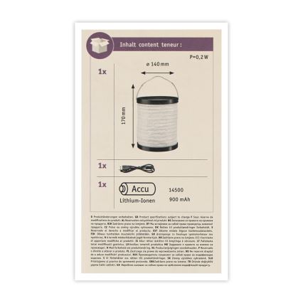 Paulmann 94169 - LED/0,2W IP44 Dekorative Außenleuchte MOBILE 3,7V 800 mAh