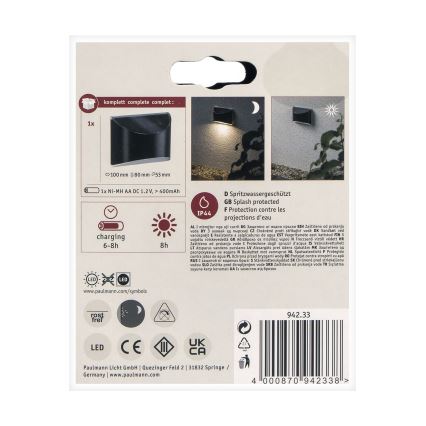 Paulmann 94233 - LED/0,05W IP44 Solar-Wandleuchte ELLIOT 1,2V 400 mAh