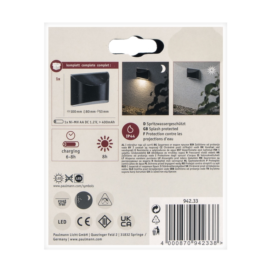 Paulmann 94233 - LED/0,05W IP44 Solar-Wandleuchte ELLIOT 1,2V 400 mAh