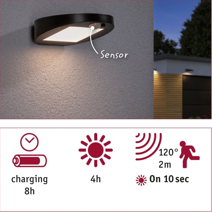 Paulmann 94246 - LED/1,2W IP44 Outdoor-Solarleuchte mit Sensor RYSE 3,7V 1800 mAh