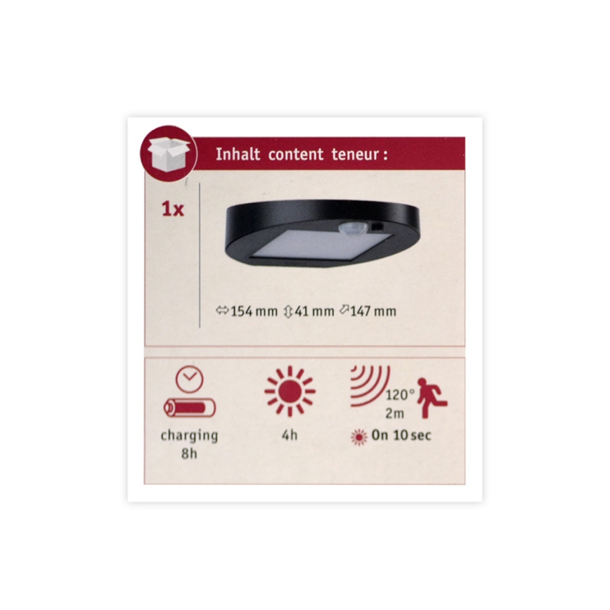 Paulmann 94246 - LED/1,2W IP44 Outdoor-Solarleuchte mit Sensor RYSE 3,7V 1800 mAh