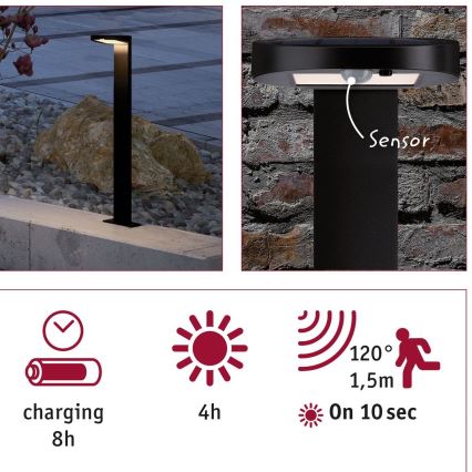 Paulmann 94249 - LED/1,2W IP44 Außen-Solarleuchte mit Sensor RYSE 3,7V 1800 mAh