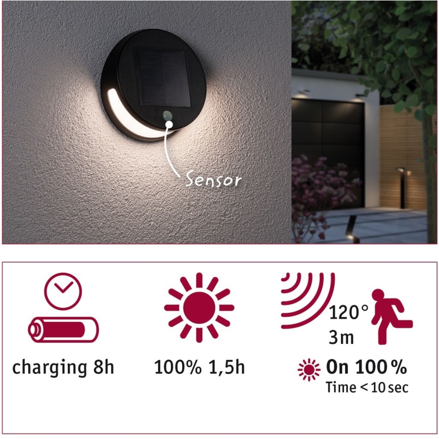 Paulmann 94265 - LED/3W IP44 Außen-Solarleuchte mit Sensor HELENA 3,7V 1800 mAh