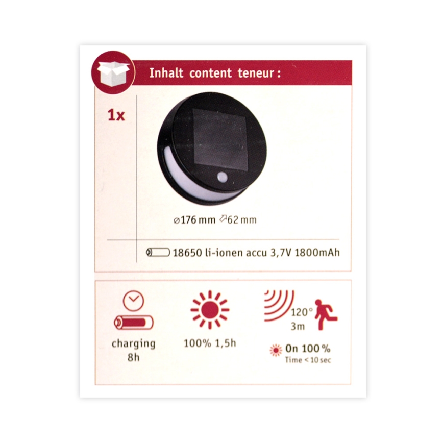 Paulmann 94265 - LED/3W IP44 Außen-Solarleuchte mit Sensor HELENA 3,7V 1800 mAh