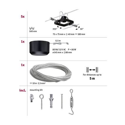 Paulmann 94290 - SET 5xGU5,3/10W Strahler für ein Seilsystem MAC 230V schwarz