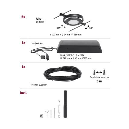 Paulmann 94418 - SET 5xLED/4,5W Einbauleuchte für Seilsystem ROUNDMAC 230V schwarz