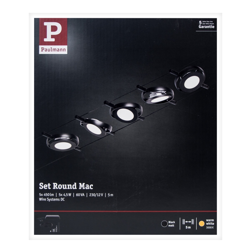 Paulmann 94418 - Set 5xLED/4,5W Komplettes Seilsystem ROUNDMAC 230V schwarz