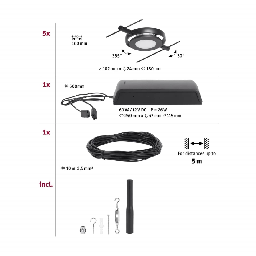 Paulmann 94418 - Set 5xLED/4,5W Komplettes Seilsystem ROUNDMAC 230V schwarz