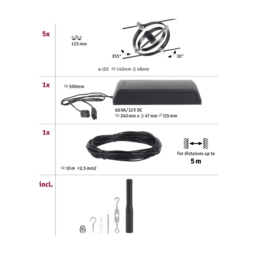 Paulmann 94440 - SET 5xGU5,3/10W Komplettes Seilsystem CARDAN 230V schwarz