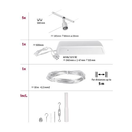 Paulmann 94442 - Set 5xGU5,3/10W Komplettes Seilsystem SALT 230V mattchrom
