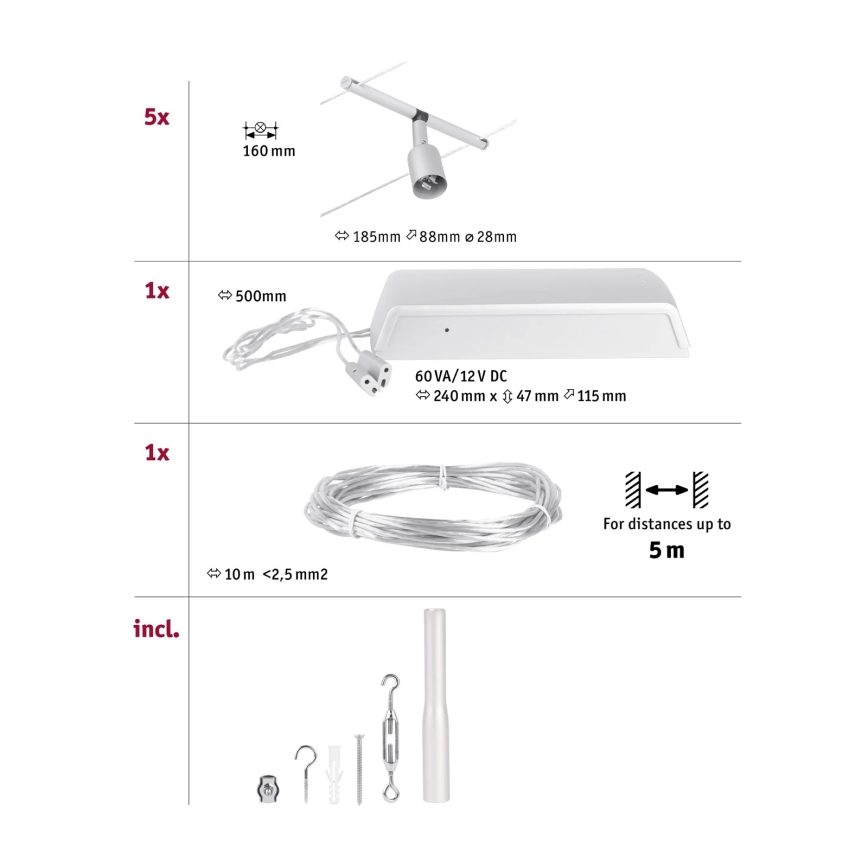 Paulmann 94442 - Set 5xGU5,3/10W Komplettes Seilsystem SALT 230V mattchrom