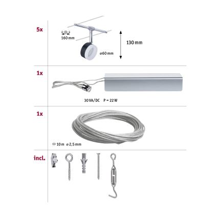 Paulmann 94457 - SET 5xLED/4W Spot für Seilsystem CLEAR 230V schwarz/glänzender Chrom