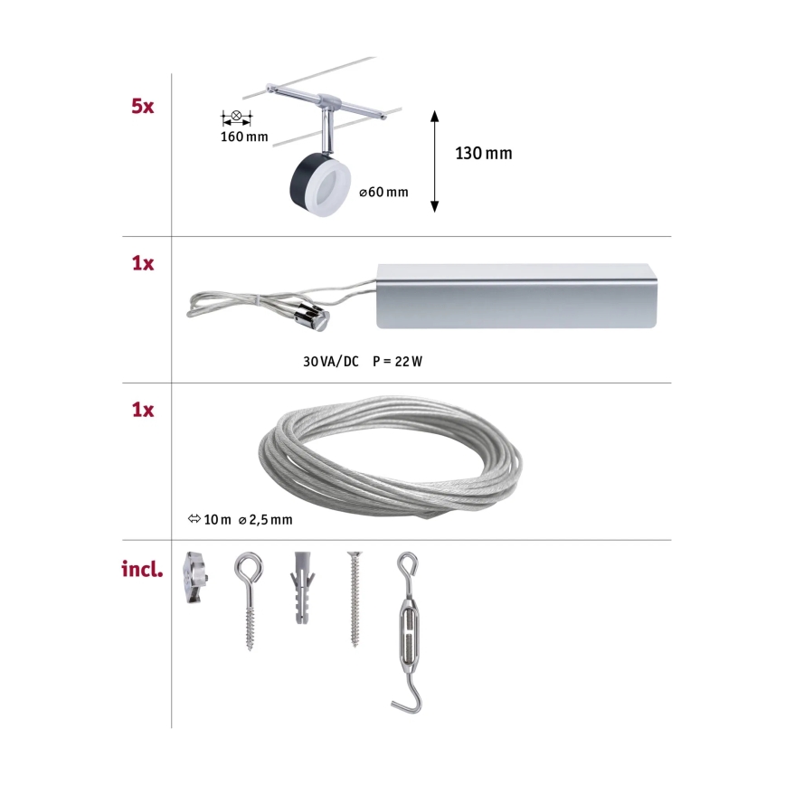 Paulmann 94457 - Set 5xLED/4W Komplettes Seilsystem CLEAR 230V schwarz/hochglanzchrom
