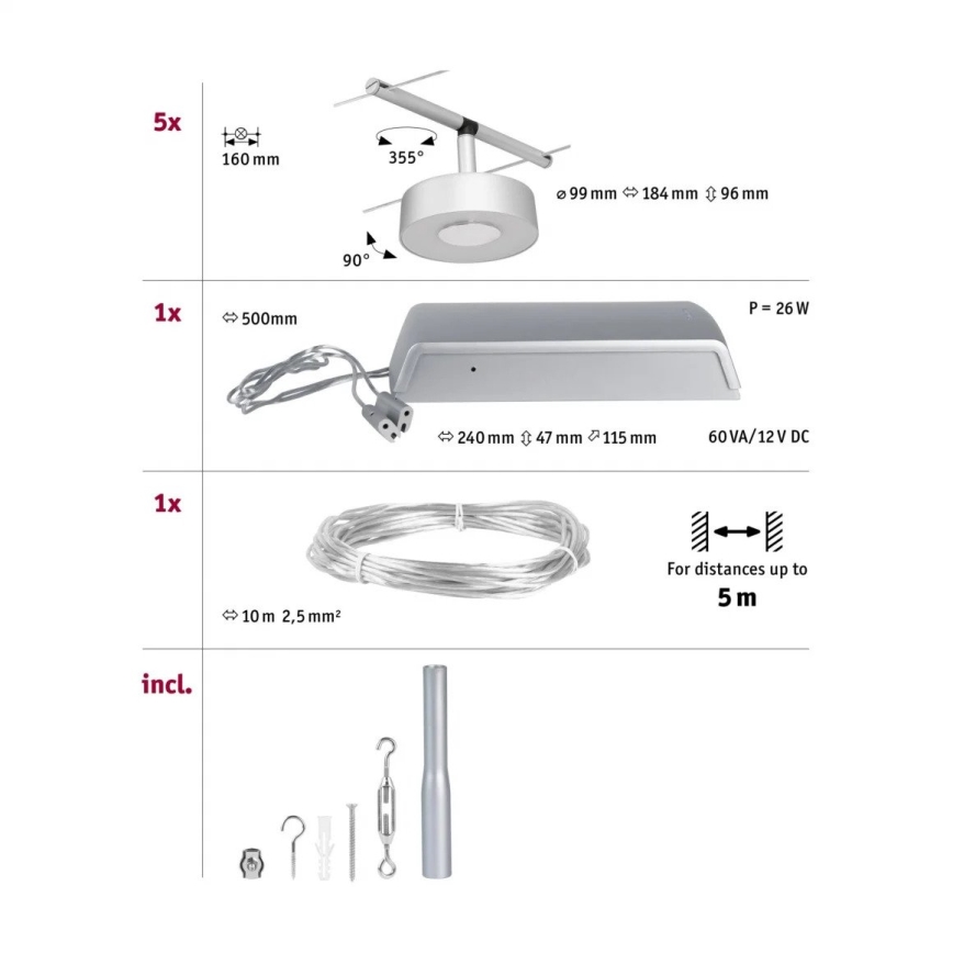 Paulmann 94475 - Set 5xLED/5W Komplettes Seilsystem CIRCLE 230V matt-chrom