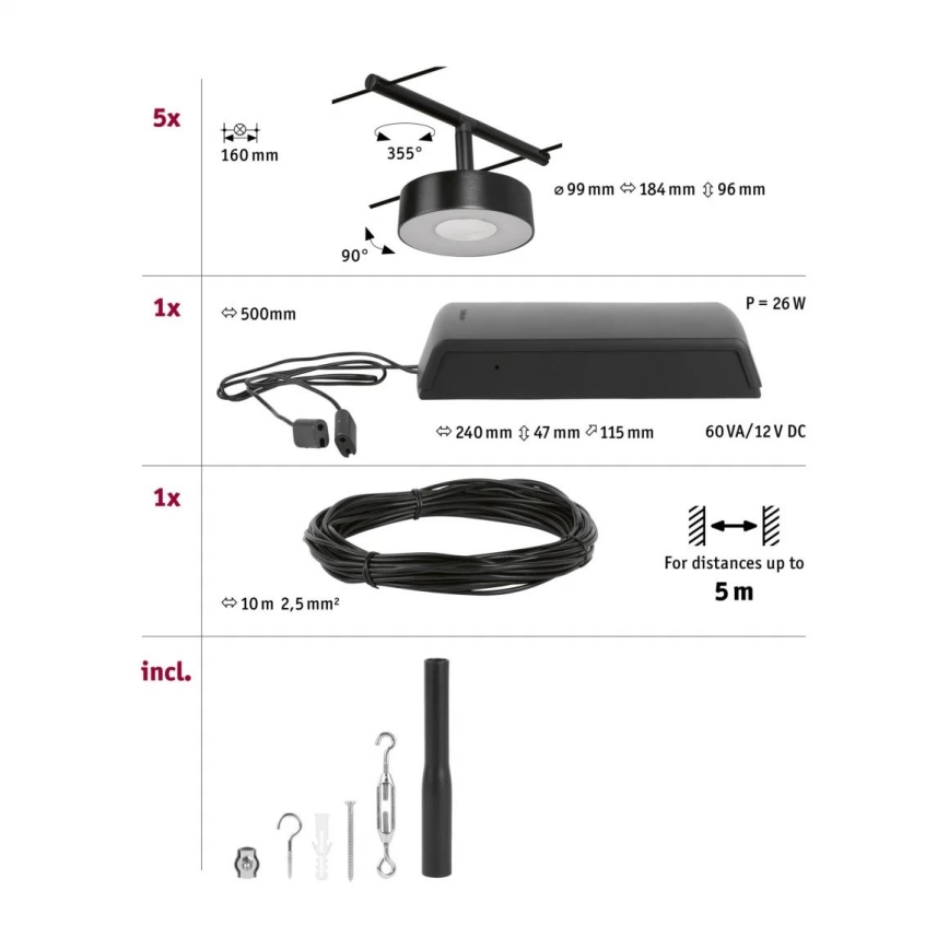 Paulmann 94479 - SET 5xLED/5W Einbauleuchte für Seilsystem CIRCLE 230V schwarz