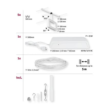Paulmann 94483 - Set 5xLED/4,8W Komplettes Seilsystem FRAME 230V weiß
