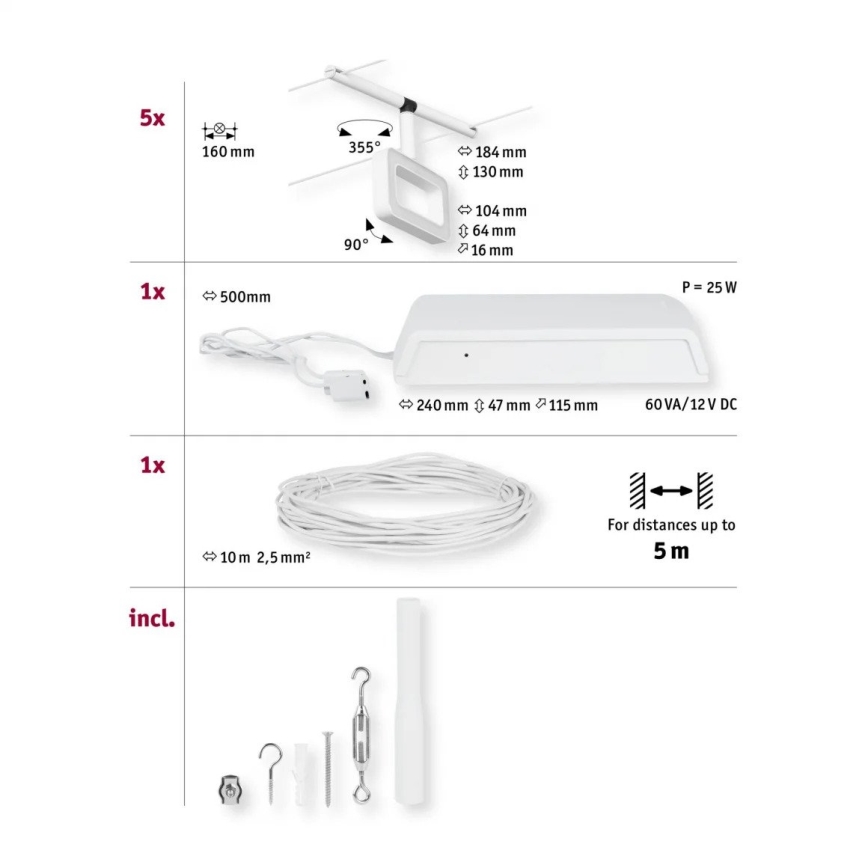 Paulmann 94483 - Set 5xLED/4,8W Komplettes Seilsystem FRAME 230V weiß