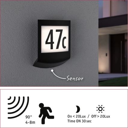 Paulmann 94513 - RGBW LED/8,2W IP44 Dimmbare Hausnummernleuchte mit Bewegungs- und Dämmerungssensor PADEA 230V Anthrazit