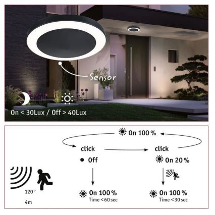 Paulmann 94526 - LED/14W IP44 Outdoor-Deckenleuchte mit Sensor CIRCULA 230V