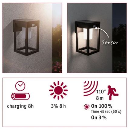 Paulmann 94572 -LED/5,5W IP44 Solar-Wandleuchte mit Sensor MARISOL 3,7V 2000 mAh