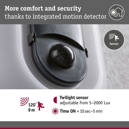 Paulmann 94958 - LED/18,5W IP65 Dimmbare Außenwandleuchte mit Bewegungs- und Dämmerungssensor ELUNOR 230V 2200/3000/4000K anthrazit