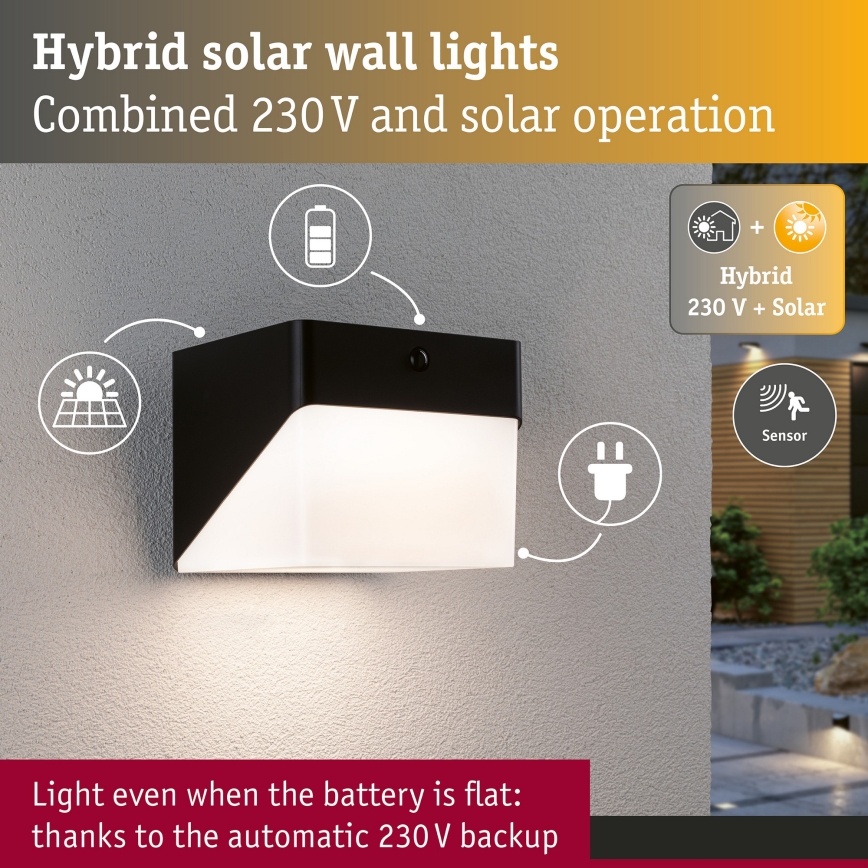 Paulmann 95746 - LED/2,3W IP44 Solar-Wandleuchte mit Sensor EILEEN 3,7/230V 4000 mAh schwarz